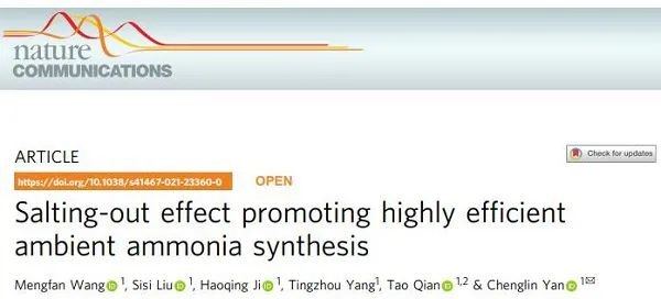 苏大晏成林课题组再发Nature子刊，“盐析效应”促进高效电化学合成氨！